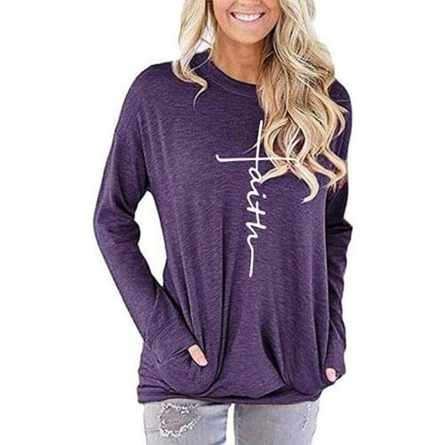 Long Sleeve O-neck T-shirt Women Spring Fashion Faith Cross Print With Pockets Female Casual Streetwear Tee Tops
