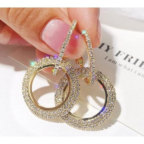 New design Round Shiny Rhinestone Gold Drop Earrings for Women Girl Geometric Crystal Big Wedding party Earring cc Jewelry