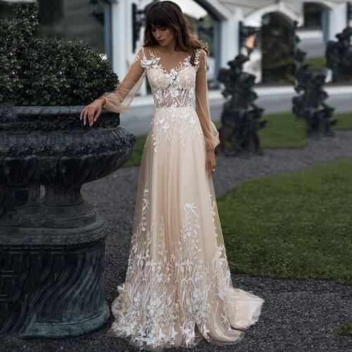 High-Neck Appliques Lace See Through A-Line Long Sleeve Bohemian Champagne Tulle 2021 Wedding Dress Bridal Gown Vestido De Novia