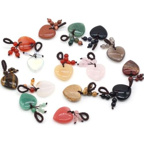 Small Keychains Hand Craft Natural Stone Keychains Handbag Purse Holder Healing 25mm Heart Dangle Agates Pink Quartz Stone