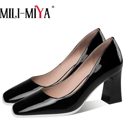 MILI-MIYA Concise Design Fashion Women Cow Leather Pumps Solid Color Slip On Square Toe Thick Heels Office Career Shoes For Lady