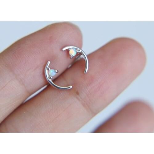 Minimal jewelry crescent moon stud single fire opal gem delicate minimalist pure 925 sterling silver jewelry moon earring