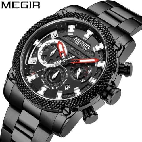 MEGIR Black Mens Sports Watch with Chronograph Luminous Function Waterproof Quartz Wristwatch Man Relogio Masculino 2021 New