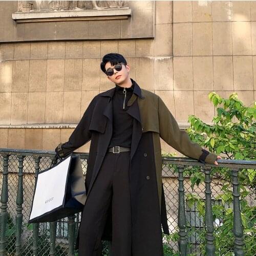 Men Autumn Winter Splice Sashes Loose Casual Chic Long Trench Coat Male Vintage Streetwear Hip Hop Windbreaker Overcoat Jacket