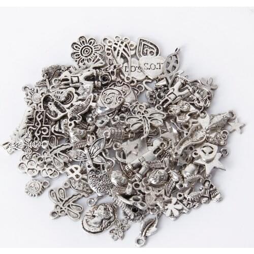 Set of 100PCS Assorted Size Shape Mixed Style Alloy Pendants for Jewelry Necklace DIY Accessory Tibetan Silver