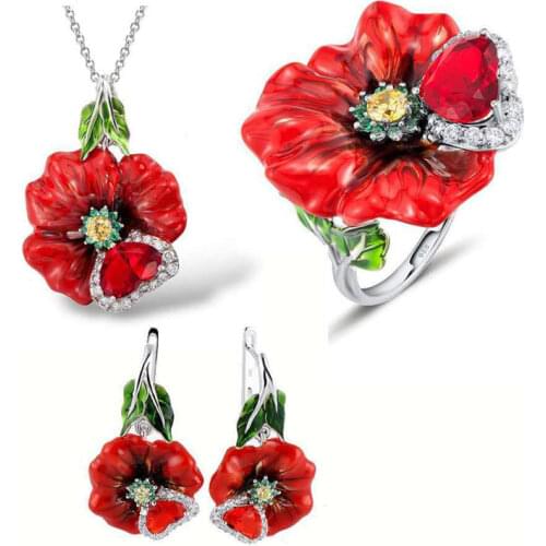 BAOSHINA Red Flower Jewelry Set Series ! Trendy Rose Flower Zircon Earrings Necklace Ring Jewelry Set For Women Wedding Jewelry