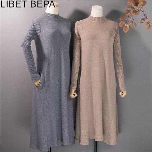 2020 New Autumn Winter Women Pullovers Knitted Dress Turtleneck Flared Pocket Warm Elegant Korean Lady Midi Dresses DR1105JX