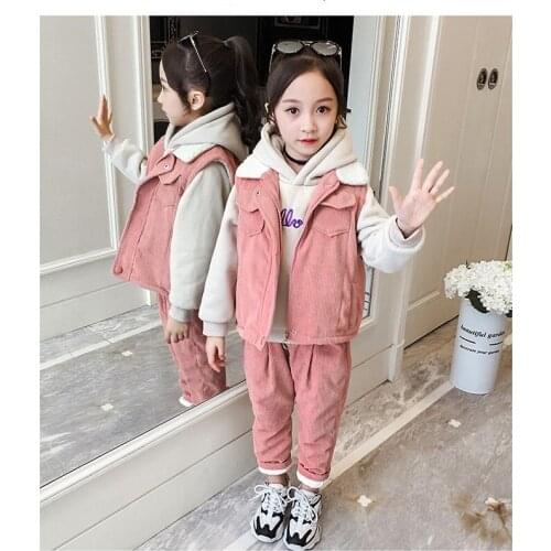 New 5-10 year girl baby autumn and winter suit in the big child fashion little girl plus velvet thick sweater three-piece suit