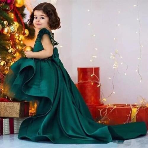 Ruffle Princess Dress for Cute Todder Girl High Low Green Satin Gowns with Big Bow and Cap Sleeves Kids Birthday Party Gowns