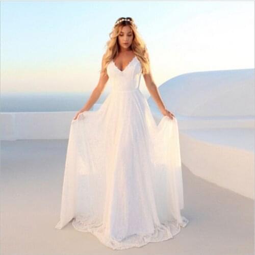 Beach Holiday Style Womens Sexy Lace Pure White Hollow High Waist Party Dress V-neck Straps Backless Mopping Dress Sizes S-XL