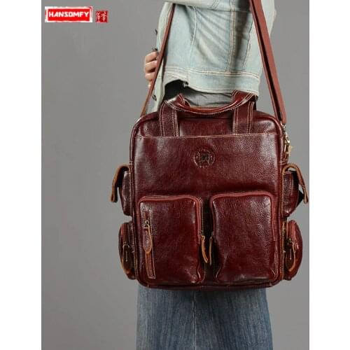 Genuine Leather Handbag Women Briefcase Laptop Shoulder Messenger Bags Female Retro Large Capacity Multi-pocket Bag Real Cowhide