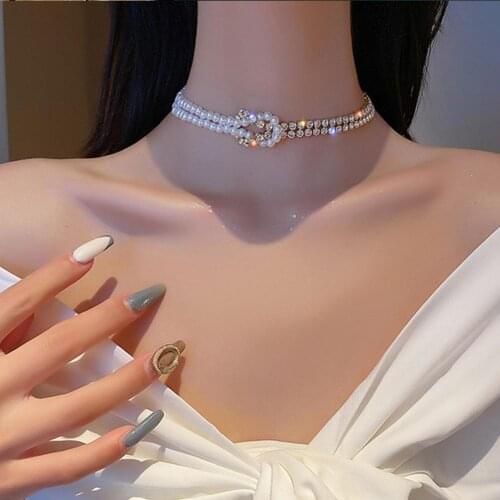 Dropshipping!2021 Elegant Fashion Necklace Faux Pearl Jewelry Womens Double Patchwork Chain Necklace Suitable for Gifts