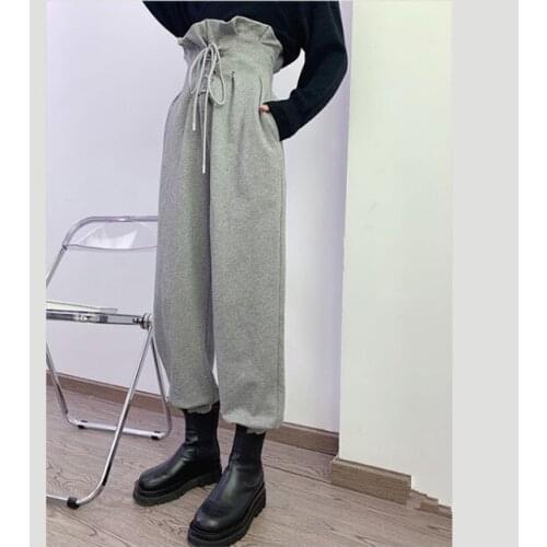 Grey Pants for Women 2021 Spring New Korean Style Sweatpants Lace Up High Waist Slimming Lantern Casual Female Trousers