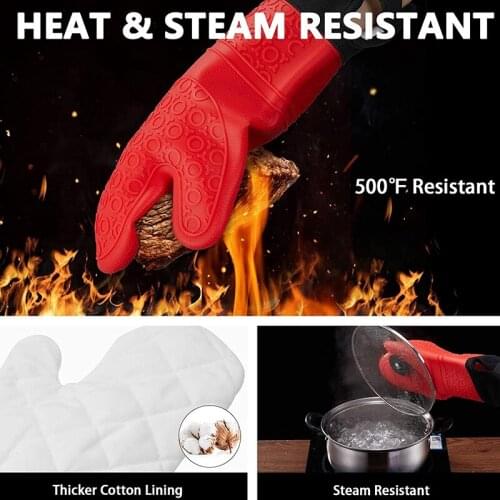 Silicone Oven Mitts with Adjustable Cuff Oven Mitt with Non-Slip Grip and Thicker Liner Heat Resistant 14.7 Inch