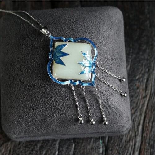 Hetian Jade S925 Sterling Silver Enamel Bamboo Joint Pendant Jade Tassel Clavicle Chain Retro Chinese Style Sweater Chain for W