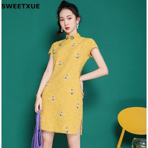 SWEETXUE Elegant Mini Qipao Dress 2020 Womens Chinese Style Modern Girl Yellow Slim Short Sleeve Printed Yellow Dresses
