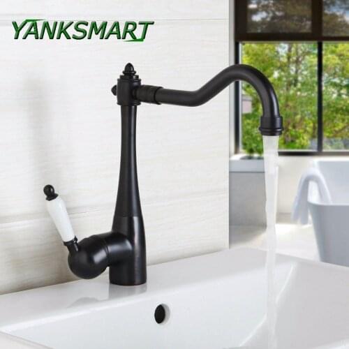YANKSMART 360 Swivel Kitchen Faucets Oil Rubbed Bronze Deck Mounted Mixer Tap Bathroom Basin Mixer Black Ceramic Handle Faucet