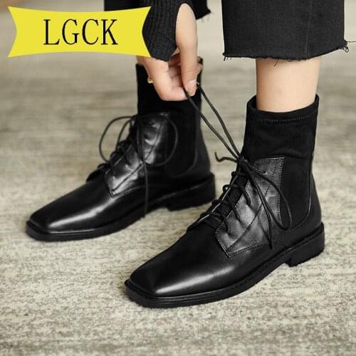 Plus Size 34-43 Fashion Woman Ankle Boots High Quality Genuine Leather Handmade Autumn Winter Boots Cross-Tied High Heels Boots
