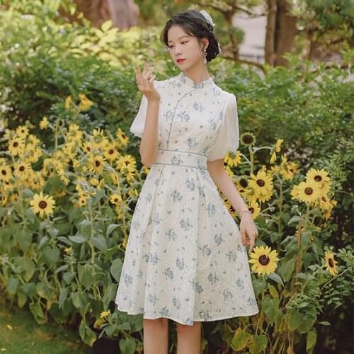 Dresses for women 2021 Sweet Gentle Floral Dress Summer French Romantic Chic Puff Sleeve Elegant Dress Vestidos