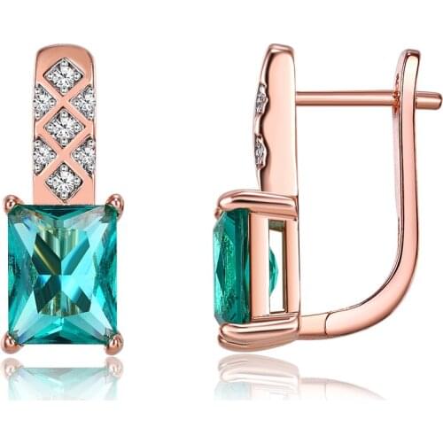 ZEMIOR Romantic Stud Earrings Women Copper Rose Gold Plated Inlaid Square Shape Green Cubic Zirconia Female Earring New Arrival