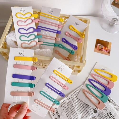 5Pcs/set New Colorful Hair Clips Love Heart Hairpins Cute Geometric Barrettes Solid Color Clips Headwear Girls Hair Accessories