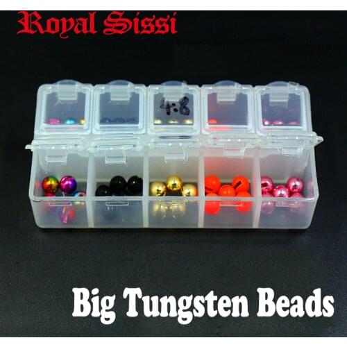 50pcs 5colors assorted fly tying round tungsten beads slotted with dispenser bigger size heavy nymph jig hook head sunken beads