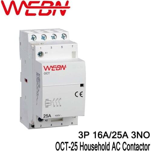 OCT-25 Series AC Household Contactor 400V 50/60Hz 3P 16A/25A Contact Form 3NO Three Normal Open Contact Din Rail Contactor
