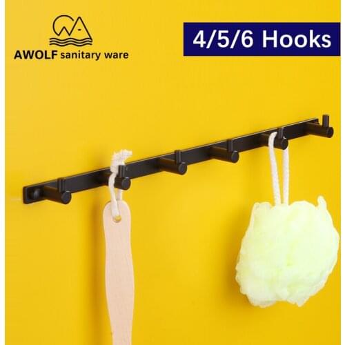 Stainless Steel 1 Pce Towel Hook 4/5/6 Hooks Strong Wall Mounted Metal Coat Robe Door Hanger Black Bathroom Accessories AZ5109