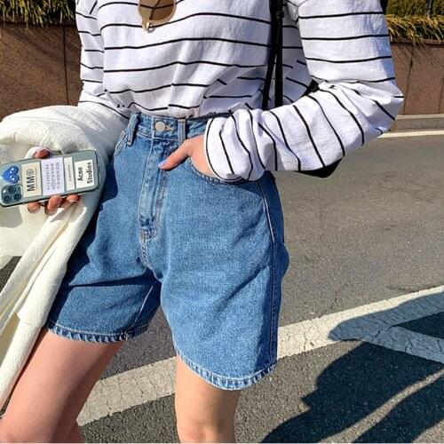 Korean Blue Denim Jeans Shorts Women High Waist Vintage Wide Leg Short Pants Streetwear Straight Shorts Pockets Hip Pop Z797