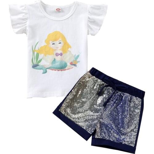Infant Kids Baby Girl’s Casual T-shirt and Shorts Set Cartoon Mermaid Print Fly Sleeve Tops and Fish Scale Short Pants 2-7T