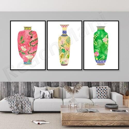 Ancient Chinese vase paintings, traditional murals, red, green, yellow, art prints of painted vases. Ancient chinese flower vase