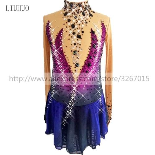 Figure Skating Dress Womens Girls' Ice Skating Dress Stand collar long sleeve Purple Dark blue Shiny rhinestone Competition