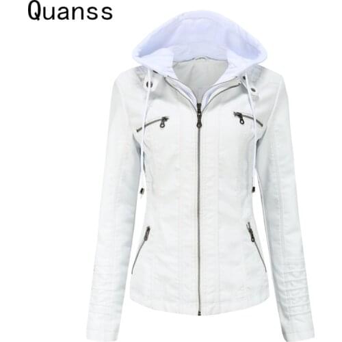 Quanss Hat Detachable Faux Leather Jackets For Women Fashion Autumn Winter Hooded Coats And Jacket Female Zipper Pu Outwear