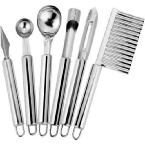 6Pcs Stainless Steel Kitchen Gadget Set Fruit Knife Coring Device Carving Knife Watermelon Digging Spoon Potato Peeling