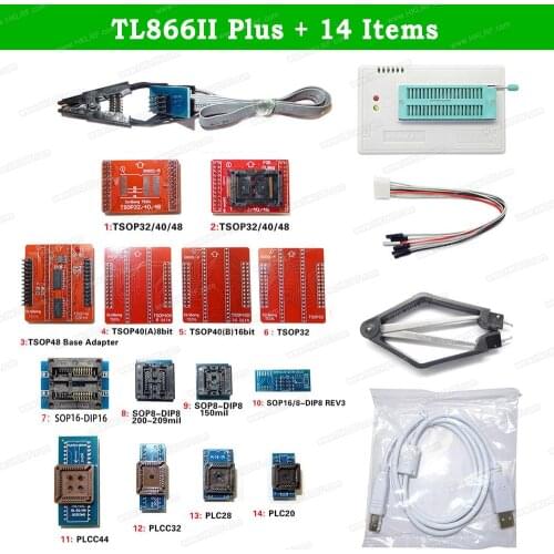Original Minipro TL866II Plus USB Universal Bios Programmer + 14 Items IC Adapters Update Of TL866II BIOS Nand EPROM Programmer