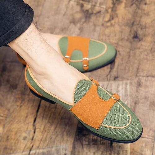 Canvas Leather Shoes Men Casual Luxury Brand Handmade Penny Loafers Men Slip On Flats Driving Dress Shoes White Green Moccasins