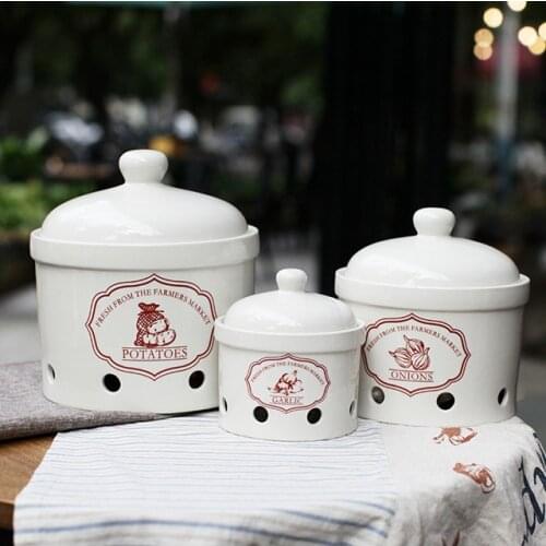 Simple Home Kitchen Ceramic Storage Jar Potato Onion Garlic Breathable Tank with Lid Fresh Cover Small Size