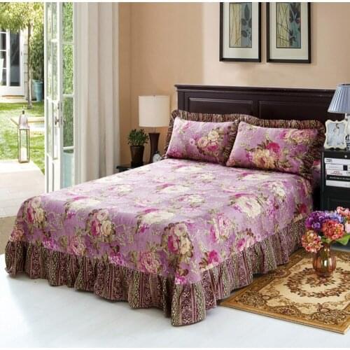Plant Flowers Bed Skirt 100% Cotton Stylish Ruffled Bedspread Wedding Fitted Sheet Cover Soft Non-Slip King Queen 250x270cm
