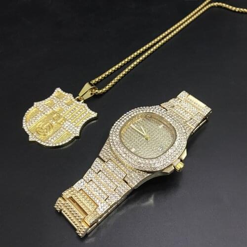 Luxury Men Gold Silver Color Watch and Necklace Combo Set Necklace Chain Ice Out Cuban Watch Hip Hop Stylish Hip Hop For Men