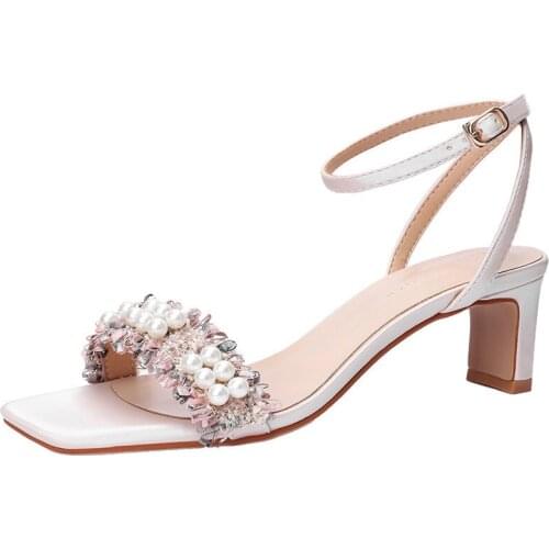 Women Sandals Thick High Heels Summer Brand Woman Pumps Rhinestones PU Buckle Strap 5.5CM Square Toe women shoes size 35-42