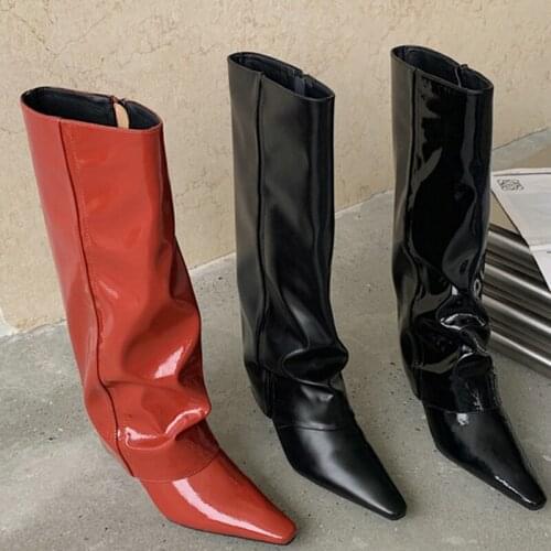 2021 Autumn Winter Women Knee High Boots Fashion Female Pointed Toe Wedges Shoes Zipper Shoes Ladies Modern Chelsea Boots