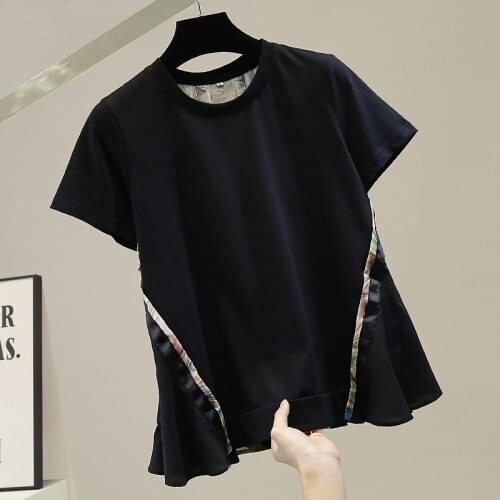 European Style Back Print Chiffon Patchwork T-shirt Fashion Womens Elegant Short Sleeve Top 2021 Spring Summer Female Cloth