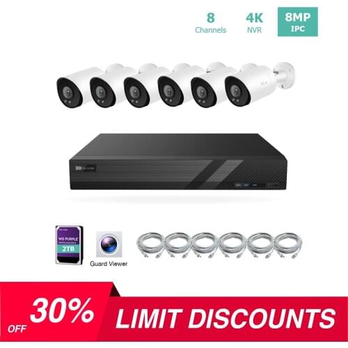 8 Channel 4K IP PoE Security Camera System 8ch 4K NVR and 6 8MP Colorful Night View Bullet PoE IP Cameras with 4TB HDD