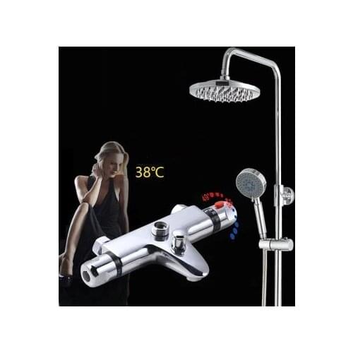 Modern Wall Mounted Chrome Brass Thermostatic 8 inch Bathroom Shower Faucet Mixer Taps Dual Handle with Handheld Showerhead