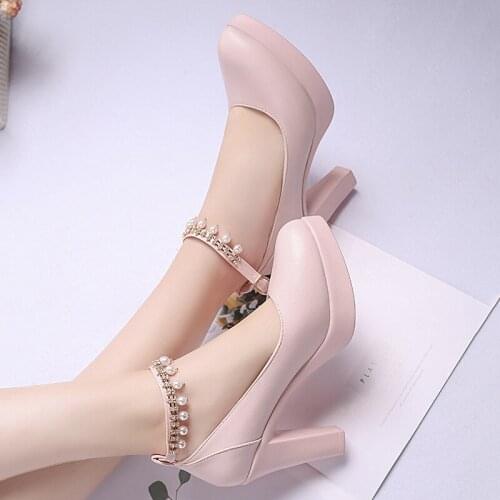 Size 41pearl Chunky Shoes Classy Leather Wedding Party High Heels Women Classic Pumps Platform Shoes Pink White Black Heels