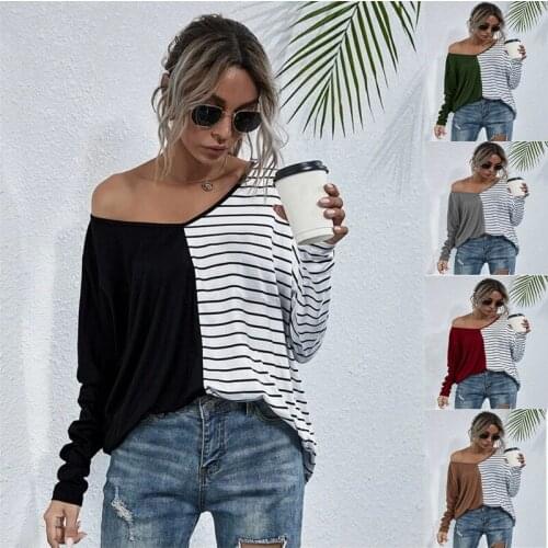 Woman Tshirts 2021 Tees Product v-neck long-sleeve Stripe Splicing Into Color Harajuku T Shirt Leisure T-shirt Women AXR2021138