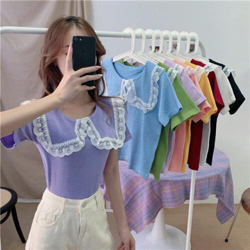 Woman TShirts Crop Top Womens Short-Sleeved T-shirt Summer Relaxed-Fit Doll Collar Top Mujer Camisetas