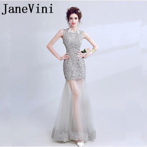 JaneVini Gray Beaded Lace Mermaid Prom Dresses Long vestido fiesta Ladies Party Gowns Illusion Sheer Tulle Appliques Gala Dress