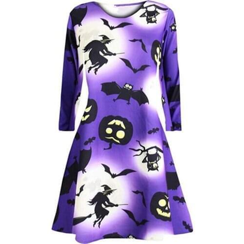 Hillsionly Plus Size Fashion Autumn Dress Women Long Sleeve Pumpkins Skull Halloween Evening Prom Costume Swing Dress For Women