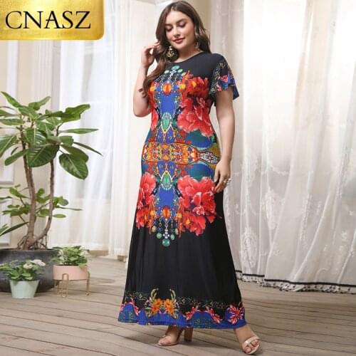 New Fashion Plus Size Womens O-Neck Mid-Sleeve Fashion Print Big Swing Dress Long Skirt Islamic Turkey Ladies Plus Size Dress